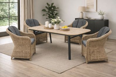 Destiny MALAGA SAN MARINO Sitzgruppe 4 Sessel + Tisch 180x90cm, halboval, holzfarben