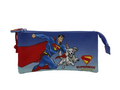 Superman Dreifach Federmäppchen 3 Fächer Federmappe mit Reißverschluss