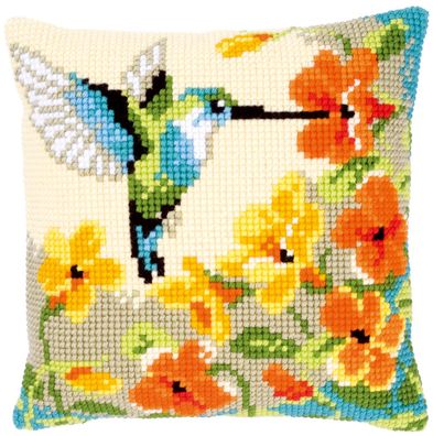 Kreuzstich-Kissen-Set Kolibri mit Blumen - Stickbild vorgezeichnet