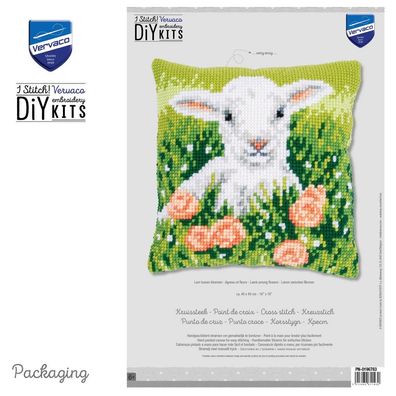 Kreuzstich-Kissen-Set Lamm zwischen Blumen - Stickbild vorgezeichnet