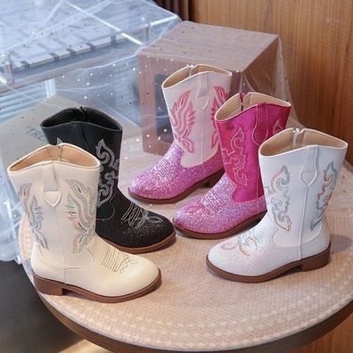 Neu Madchen Schuhe Mid-Calf Western Cowboystiefel Stickerei Kunstleder Stiefel