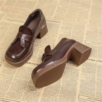 Damen Herbst Blockabsatz Loafer Plateau Mary Jane Elegant Freizeit Schlupfschuhe
