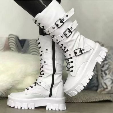 Damen Punk Gothic Stiefeletten Schnalle Blockabsatz Plateau Schuh Reibverschluss