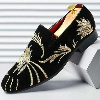 Herren Samt Bestickt Slip-On Slipper Kleid Schuhe National Oxford