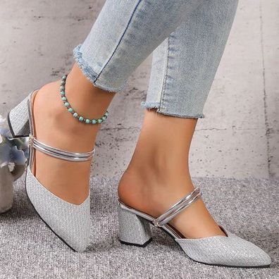 Damen Sandalen Hausschuhe Schuhe Pantoletten Spitz Blockabsatz Pumps Slingback
