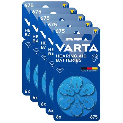 5x Varta Hearing Aid Hörgerätebatterien Batterien 675 PR 44 1,45 V 6er Blister