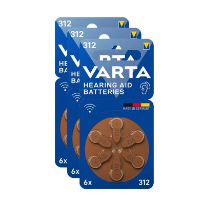 3x VARTA Hörgerätebatterien Zinc Air Hearing Aid 312 PR41 1,45V 6er Blister