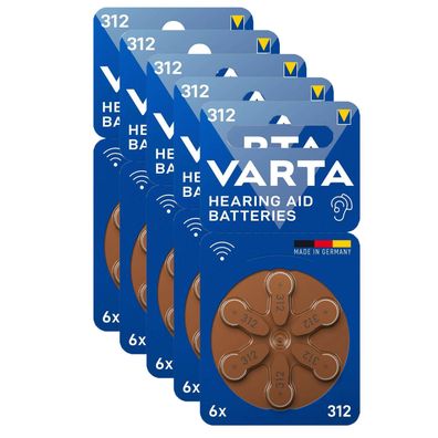 5x VARTA Hörgerätebatterien Zinc Air Hearing Aid 312 PR41 1,45V 6er Blister