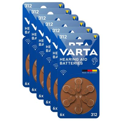 6x VARTA Hörgerätebatterien Zinc Air Hearing Aid 312 PR41 1,45V 6er Blister