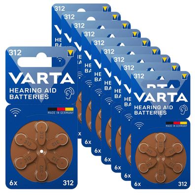 10x VARTA Hörgerätebatterien Zinc Air Hearing Aid 312 PR41 1,45V 6er Blister