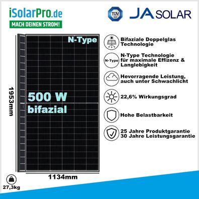 500W JA Solar JAM60D40 LB Bifazial Glas/Glas N-Type 1500 V 1953x1134x30 mm