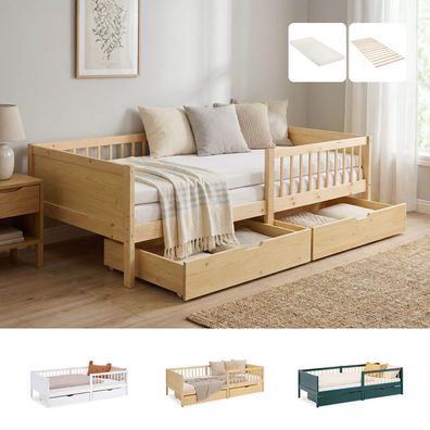 Kinderbett 90x200 cm 2 Bettkästen Rausfallschutz Weiß Grün Holzbett Einzelbett