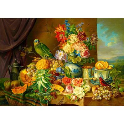 ENJOY Puzzle Josef Schuster: Stillleben mit Blumen, Obst und Papagei 1000 Teile