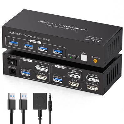 Tjcxele KVM Switch 2 PC 2 Monitore DP HDMI 4K60Hz USB 3.0