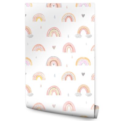 10m VLIES TAPETE Rolle Kinderzimmer Wolken Regenbogen Herzen Aquarell XXL 2603