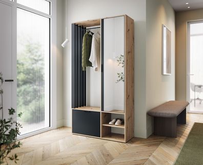 Garderobe MENSO Flur mit Spiegel Kleiderhaken Schuhschrank Eiche Artisan