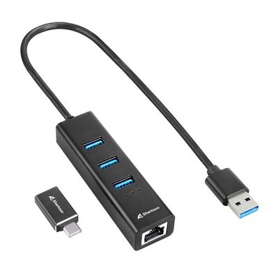 Sharkoon Sharkoon USB-Hub 3xUSB3.2 1xRJ45 45cm Kabel Aluminium schwar