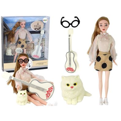 Leantoys Lalka Dla Dzieci Emily z Gitar? Okulary D?ugie Blond W?osy Kotek