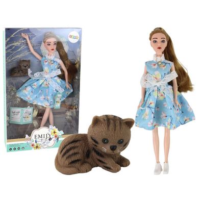Leantoys Lalka Dla Dzieci Emily Wiosenna D?ugie W?osy Niebieska Sukienka Kotek