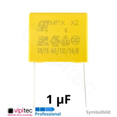 1uF ±10% X2 MKP Kondensator 310V 1µF 26,3x19x10 RM 22,5mm Entstörkondensator