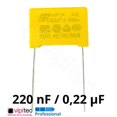 Entstörkondensator 220nF 10% X2 310V 0,22µF uF 18x12x6 RM 15mm MKP Kondensator