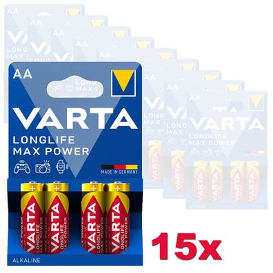 15x Varta Longlife Max Power Batterien AA Mignon LR6 1,5V Batterie 4er Blister