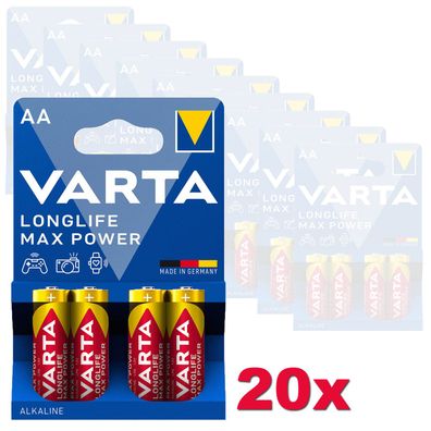 20x Varta Longlife Max Power Batterien AA Mignon LR6 1,5V Batterie 4er Blister