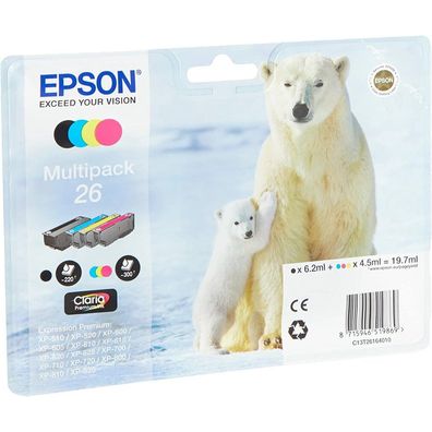 Epson Druckerpatrone 26 (C13T26164010), Multipack, schwarz, cyan, magenta, gelb