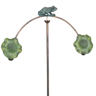 Gartenstecker Frosch auf Ast mit Blättern aus Metall - 128 cm hoch - Gartendeko mit B