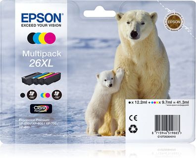 Epson Original 26XL Eisbär Druckerpatronen 4er Multipack BK/C/M/Y (C13T26364010)