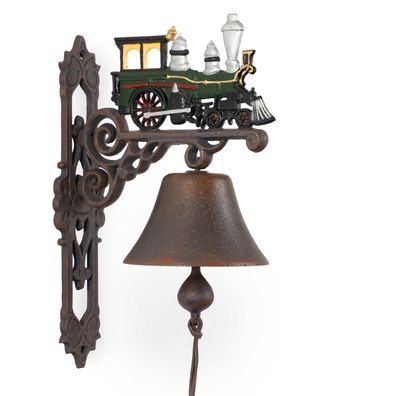 Nostalgische Wandglocke Gusseisen mit Deko-Lokomotive - Klingel für Garten Haus Tür W