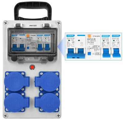 Vothen Stromverteiler 16A 4P mit FI-Schalter 230 V IP67 Aufputz
