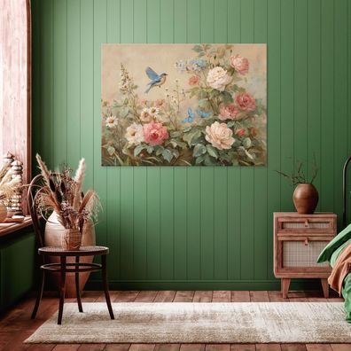 Leinwandbild Blumen Grün Vogel Bilder Wanddeko Wohnzimmer Schlafzimmer