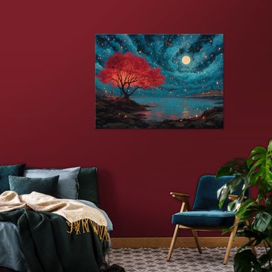 Leinwandbild Baum Rot Blau Natur Bilder Wanddeko Wohnzimmer Schlafzimmer