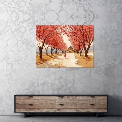 Leinwandbild Bäume Rot Haus Natur Bilder Wanddeko Wohnzimmer Schlafzimmer