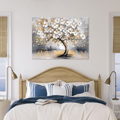 Leinwandbild Baum Blumen Gold Weiß Natur Bilder Wanddeko Wohnzimmer Schlafzimmer