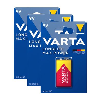 3x VARTA 9V Block Longlife Max Power Alkaline Batterie 6LR61 MN1604