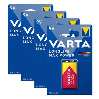 4x VARTA 9V Block Longlife Max Power Alkaline Batterie 6LR61 MN1604