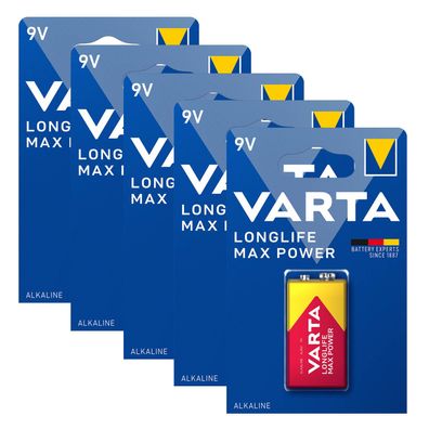5x VARTA 9V Block Longlife Max Power Alkaline Batterie 6LR61 MN1604