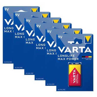 6x VARTA 9V Block Longlife Max Power Alkaline Batterie 6LR61 MN1604