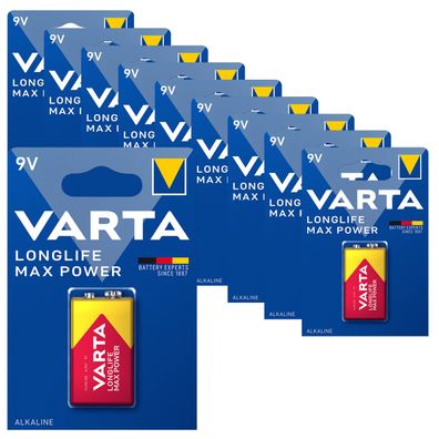 10x VARTA 9V Block Longlife Max Power Alkaline Batterie 6LR61 MN1604
