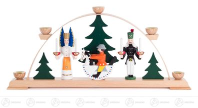 Schwibbogen mit Engel, Bergmann und Reiterlein, farbig, für Kerzen d=14m