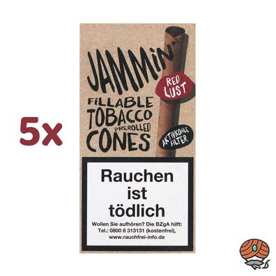 Jammin' Tobacco Cones Red Lust Erdbeere mit Aktivkohlefilter 5x 2 Fillable Cones