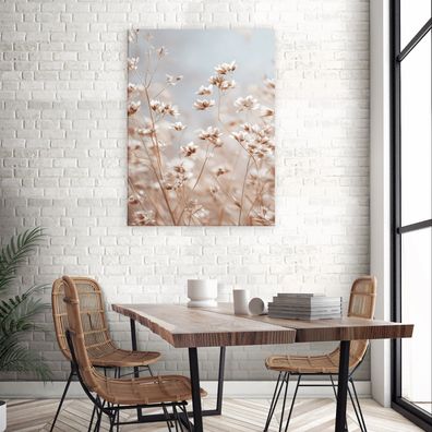 Leinwandbild Blumen Wiese Beige Natur Bilder Wanddeko Wohnzimmer Schlafzimmer