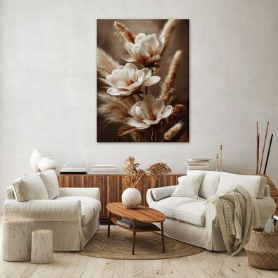 Leinwandbild Blumen Gras Natur Beige Bilder Wanddeko Wohnzimmer Schlafzimmer