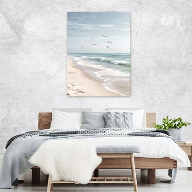 Leinwandbild Strand Meer Blau Vogel Himmel Bilder Wanddeko Wohnzimmer Schlafzimmer