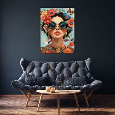 Leinwandbild Frau Blumen Schmetterlinge Orange Bild Wandekko Wohnzimmer Schlafzimmer
