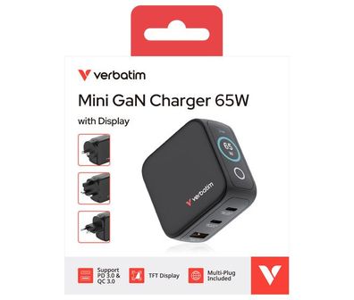Verbatim 65W GaN Ladegerät mit Display, 2x USB-C & USB-A