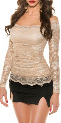 SeXy Miss Damen Carmen Dekollete Top spitze Shirt Glitzer beig gold Lurex 32 34 36 38