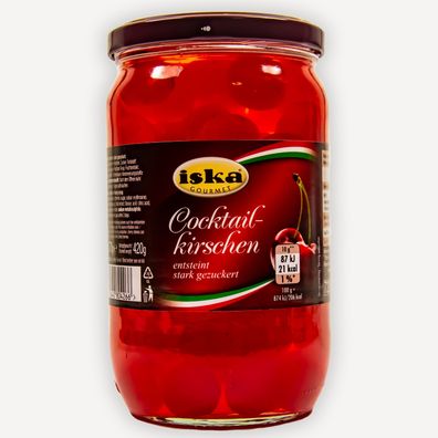 Cocktail-Kirschen rot entsteint ohne Stiel 1 Glas 770g ATG 420g